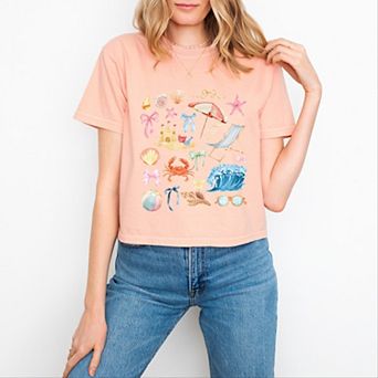 Beach Collage Watercolor - Women's Boxy Crop Top Graphic T-Shirt