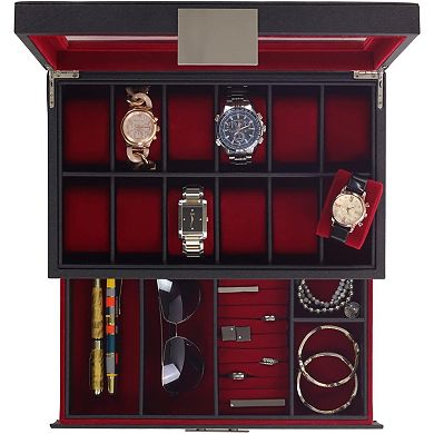 ZUQIETA Black & Red Leather Drawer Organizer for Sunglasses & 12 Watches, Unisex