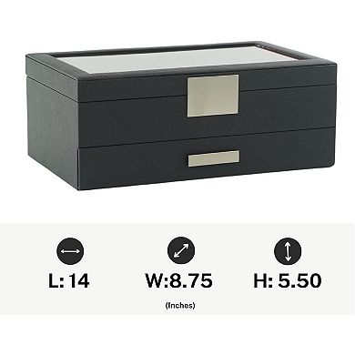 ZUQIETA Black & Red Leather Drawer Organizer for Sunglasses & 12 Watches, Unisex