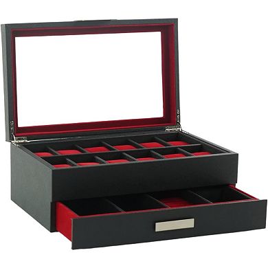 ZUQIETA Black & Red Leather Drawer Organizer for Sunglasses & 12 Watches, Unisex