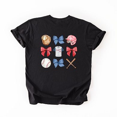 Watercolor Baseball Collage Coquette Front and Back Design - Women's Garment Dyed Graphic T-Shirt