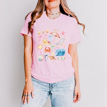 Beach Collage Watercolor - Women's Short Sleeve Graphic T-Shirt