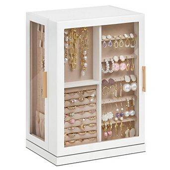 360° Rotating Jewelry Box 5 Drawers Glass Window Dustproof White