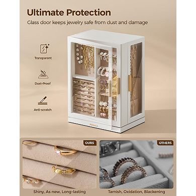 360° Rotating Jewelry Box 5 Drawers Glass Window Dustproof White