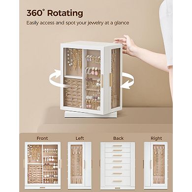 360° Rotating Jewelry Box 5 Drawers Glass Window Dustproof White
