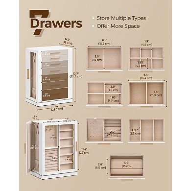 360° Rotating Jewelry Box 5 Drawers Glass Window Dustproof White