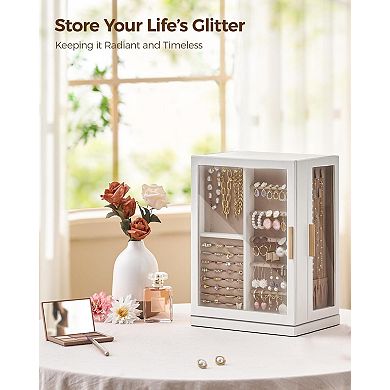 360° Rotating Jewelry Box 5 Drawers Glass Window Dustproof White