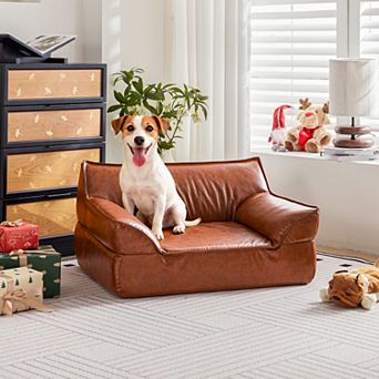 Deluxe Leather Dog Bed Sofa, Orthopedic Pet Bed Couch for Medium Dogs up to 50 lbs, Brown