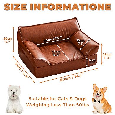 Deluxe Leather Dog Bed Sofa, Orthopedic Pet Bed Couch for Medium Dogs up to 50 lbs, Brown