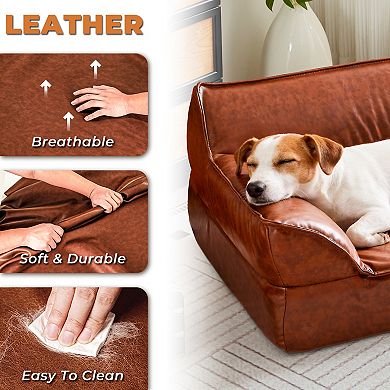 Deluxe Leather Dog Bed Sofa, Orthopedic Pet Bed Couch for Medium Dogs up to 50 lbs, Brown