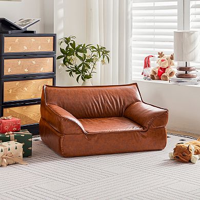 Deluxe Leather Dog Bed Sofa, Orthopedic Pet Bed Couch for Medium Dogs up to 50 lbs, Brown