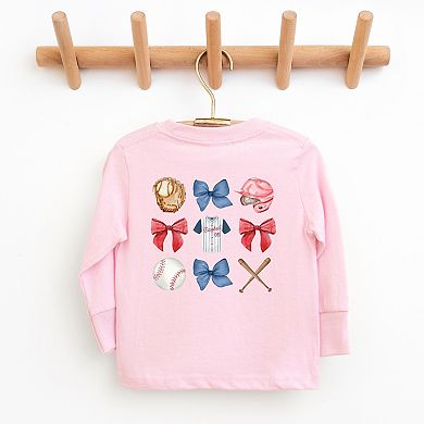 Watercolor Baseball Collage Coquette Front and Back Design - Youth Long Sleeve Graphic T-Shirt