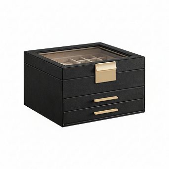 ZUQIETA 3-Layer Jewelry Organizer with 2 Drawers & Glass Lid, Ink Black & Gold