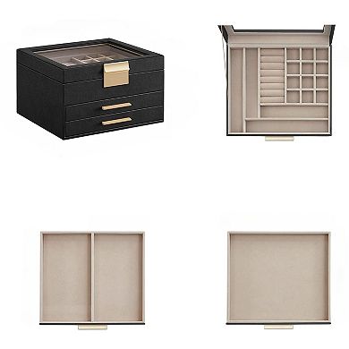 ZUQIETA 3-Layer Jewelry Organizer with 2 Drawers & Glass Lid, Ink Black & Gold
