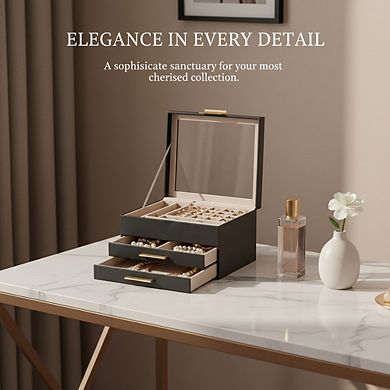 ZUQIETA 3-Layer Jewelry Organizer with 2 Drawers & Glass Lid, Ink Black & Gold
