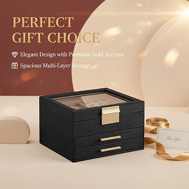 ZUQIETA 3-Layer Jewelry Organizer with 2 Drawers & Glass Lid, Ink Black & Gold