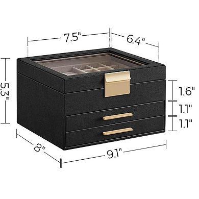 ZUQIETA 3-Layer Jewelry Organizer with 2 Drawers & Glass Lid, Ink Black & Gold