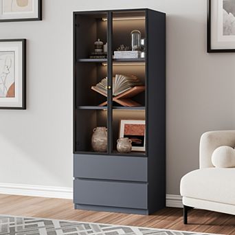 Gray Glass Display Case, Wood 3 tier Display Cabinet, Modern Hutch China Cabinet with Storage