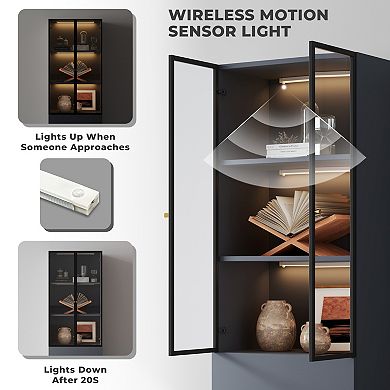 Gray Glass Display Case, Wood 3-Tier Display Cabinet, Modern Hutch China Cabinet with Storage
