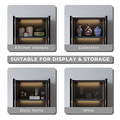 Gray Glass Display Case, Wood 3-Tier Display Cabinet, Modern Hutch China Cabinet with Storage