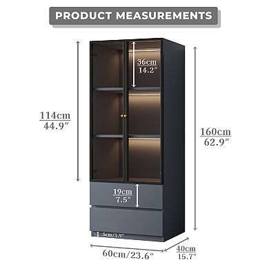 Gray Glass Display Case, Wood 3-Tier Display Cabinet, Modern Hutch China Cabinet with Storage