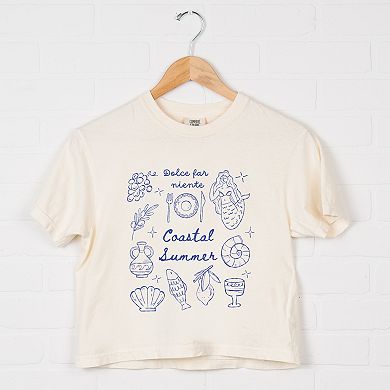 Coastal Summer Sketched Outline - Women's Boxy Crop Top Graphic T-Shirt
