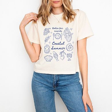 Coastal Summer Sketched Outline - Women's Boxy Crop Top Graphic T-Shirt