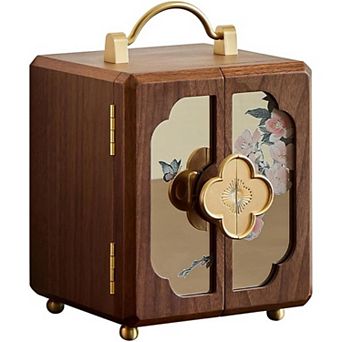 ZUQIETA Wooden Jewelry Box with Gold Handle & Mirrored Flowers, 4-Layer Walnut Organizer