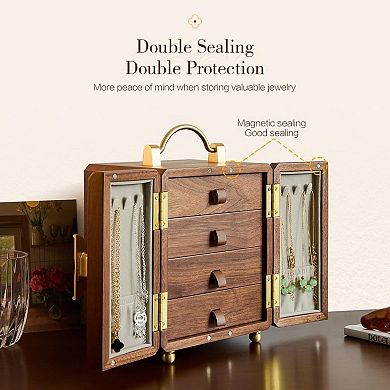 ZUQIETA Wooden Jewelry Box with Gold Handle & Mirrored Flowers, 4-Layer Walnut Organizer