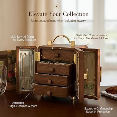 ZUQIETA Wooden Jewelry Box with Gold Handle & Mirrored Flowers, 4-Layer Walnut Organizer