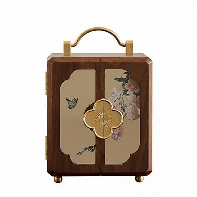 ZUQIETA Wooden Jewelry Box with Gold Handle & Mirrored Flowers, 4-Layer Walnut Organizer
