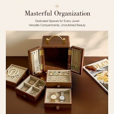 ZUQIETA Wooden Jewelry Box with Gold Handle & Mirrored Flowers, 4-Layer Walnut Organizer