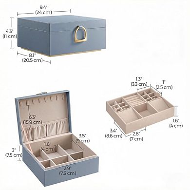 ZUQIETA 2-Layer Jewelry Box with Handle & Removable Tray, Misty Blue Organizer