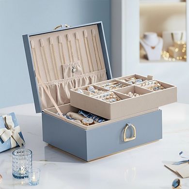 ZUQIETA 2-Layer Jewelry Box with Handle & Removable Tray, Misty Blue Organizer