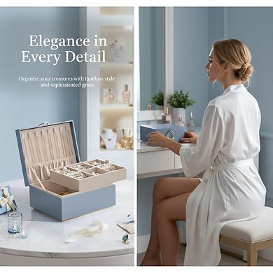 ZUQIETA 2-Layer Jewelry Box with Handle & Removable Tray, Misty Blue Organizer