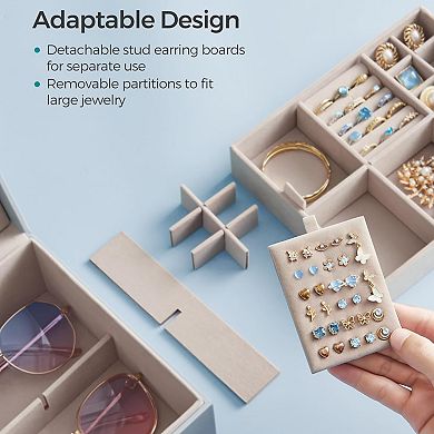 ZUQIETA 2-Layer Jewelry Box with Handle & Removable Tray, Misty Blue Organizer