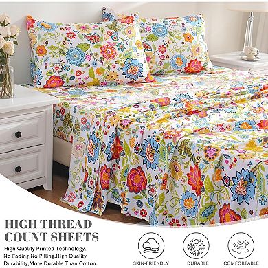 Queen Sheet Set Ultra Soft Breathable Silky Flower Bed Sheets Deep Pocket 4 Piece Queen Size Floral