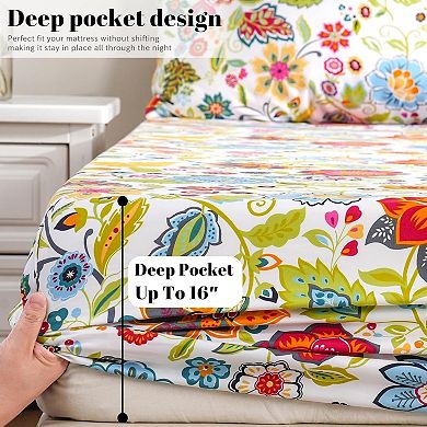 Queen Sheet Set Ultra Soft Breathable Silky Flower Bed Sheets Deep Pocket 4 Piece Queen Size Floral
