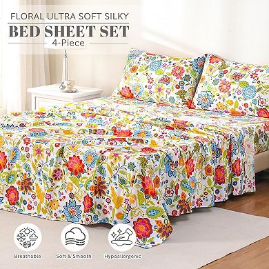 Queen Sheet Set Ultra Soft Breathable Silky Flower Bed Sheets Deep Pocket 4 Piece Queen Size Floral