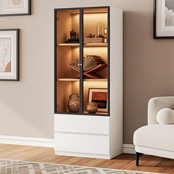 63''H Glass Display Shelf for Collectibles, Wood 3 tier Display Case, Kitchen Hutch China Cabinet