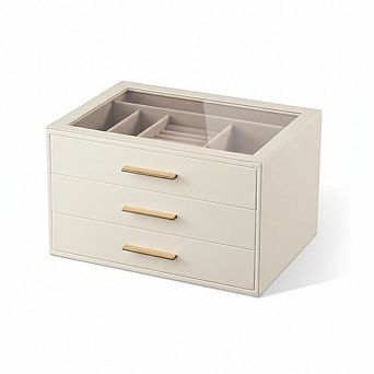 ZUQIETA 3-Layer Jewelry Organizer with Glass Window, Ivory Leather & Pink Velvet