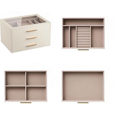 ZUQIETA 3-Layer Jewelry Organizer with Glass Window, Ivory Leather & Pink Velvet