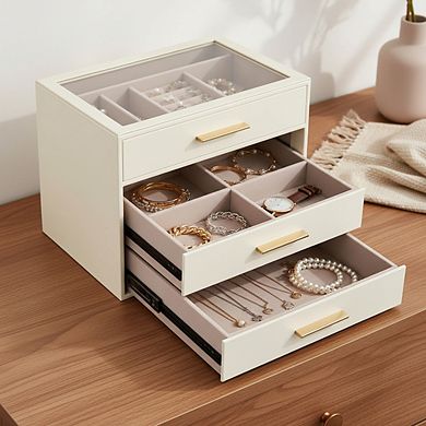 ZUQIETA 3-Layer Jewelry Organizer with Glass Window, Ivory Leather & Pink Velvet