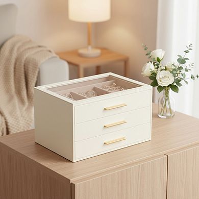 ZUQIETA 3-Layer Jewelry Organizer with Glass Window, Ivory Leather & Pink Velvet