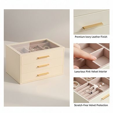 ZUQIETA 3-Layer Jewelry Organizer with Glass Window, Ivory Leather & Pink Velvet
