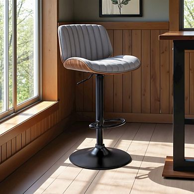 Adjustable Swivel Bar Stool with Gray Faux Leather and Walnut Wood