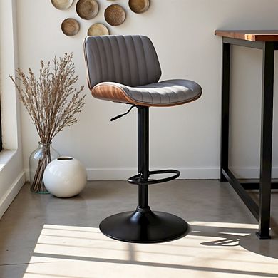 Adjustable Swivel Bar Stool with Gray Faux Leather and Walnut Wood