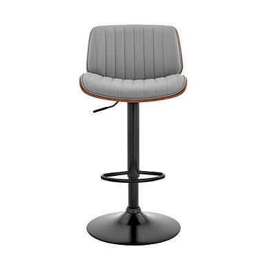 Adjustable Swivel Bar Stool with Gray Faux Leather and Walnut Wood