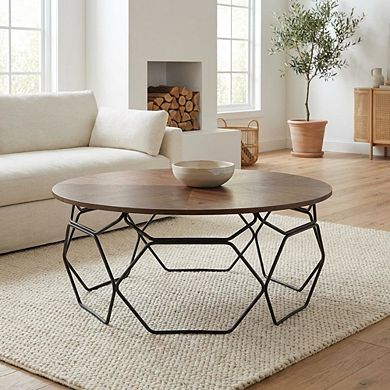Walnut Veneer Coffee Table with Black Metal Base and Modern Design