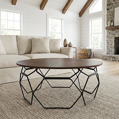 Walnut Veneer Coffee Table with Black Metal Base and Modern Design